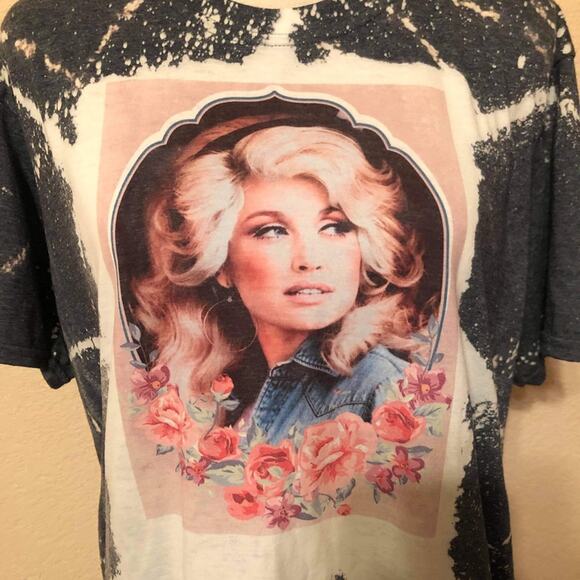 Dolly Parton Handmade Bleach Dye Floral Graphic Tee Size Small - Picture 3 of 5